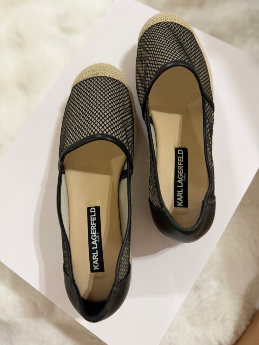 Karl Lagerfeld Black Mesh Espadrilles with Natural Raffia Toe Size 6.5